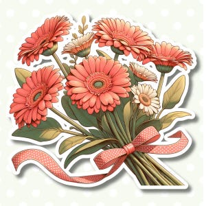 Coral Gerber Daisy Bouquet Kiss Cut Aufkleber, illustrierter Blumen-Vinyl-Aufkleber, perfekt für Laptops, Journals & Wasserflaschen, Gänseblümchen-Aufkleber