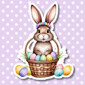 Adesivo fustellato a forma di coniglietto pasquale nel cestino, adesivo coniglietto carino, adesivo per notebook, planner, laptop, bicchiere, atmosfera primaverile, decalcomania con uova di Pasqua