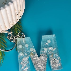 Personalized Initial Keychain Resin Letter Charm Glitter Ocean Theme Beach Accessory Bag Zipper Pull Turquoise Blue Seashell Monogram Glam