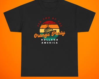 May include: Black t-shirt with a retro design featuring a cruise ship on the water, a sunset, and the text "Sea You at the Orange Party Holland America."