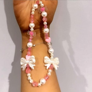 Medium Handmade Beaded Phone Charm with Bows, Pearls & Pink Beads
