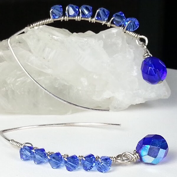 Royal Blue Swarovski Crystal Cluster Earrings, Sterling Silver, September Birthstone Earrings