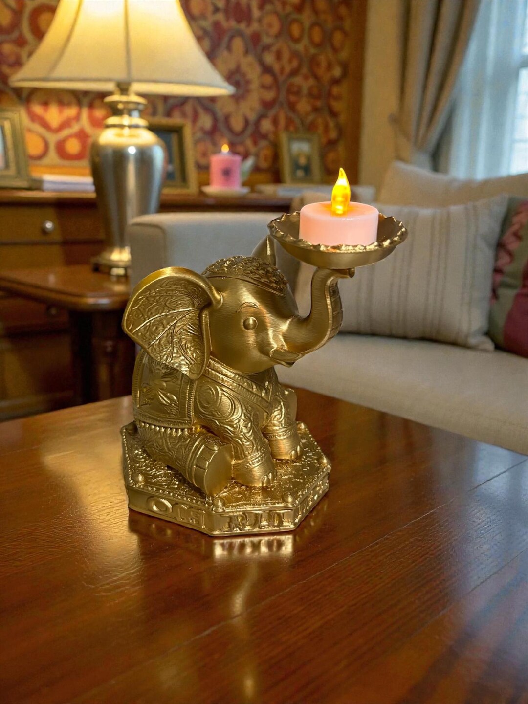 Gold Elephant Tea Light Candle Holder Decorative Statue 17cm Tall Home ...