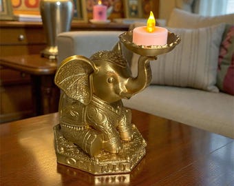 Gold Elephant Tea Light Candle Holder Decorative Statue 17cm Tall Home Decoration