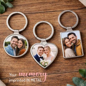Llavero Personalizado de Metal con Foto | Regalo Único para Parejas, Bodas, Cumpleaños, Mascotas | Corazón, Círculo, Rectangular