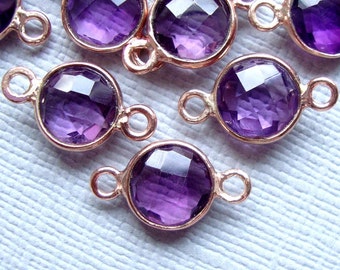 4 piezas, 14 x 8 mm, piedra de 7 mm, colgante de cuarzo amatista hecho a mano con baño de oro rosa y borde de plata esterlina, conector de dije