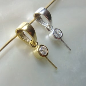 Gold Vermeil Sterling Silver Half Drilled  Bead cap with 4 mm Cubic Zirconia Solitaire, peg loop for half drilled beads, one Pieces, CC-0194