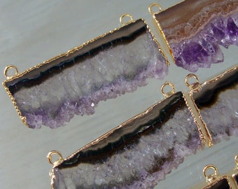 Amethyst Slice 24k Gold Electroplated Double Bail Pendant, Handmade Druzy Drusy Pendant Findings, 40mm - m12