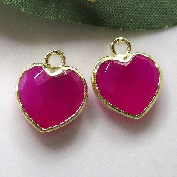 2 pcs, 9-9.5mm, Fuchsia Chalcedony Faceted and Double Sided Heart Gold Electroplated Pendant Charm, GS-0102-FC