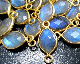 2 pcs, 20mm, 8x11mm stone, Faceted Flashing Firey Blue Labradorite Gold Vermeil Bezel Rim Tiny Leaf Connector, Small Marquise, Lab