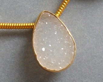 1 pc, White Druzy Drusy Gold Vermeil Sterling Silver Bezel Rim Pear Connector Link Pendants, Sparkles, PC-0398