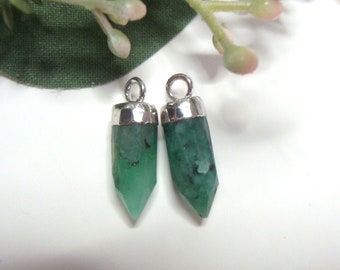 One Pc or One Pair, Healing Crystal, Raw Emerald Small Spike Pendant Charm Finding, Bullet Point Silver Electroplated, 14x5mm, PC-0393-5