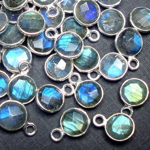 2,10,20 pcs, 10x7mm, pierre de 6mm, Flashy Labradorite Sterling silver Bezel Rim Round Pendentif Charm, Lab-A