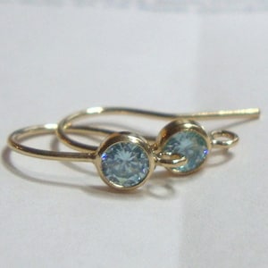 14K 1/20 Gold Filled Bezel Rim 4MM Aquamarine Blue CZ Ear Wire Earwire Earring Hook with Open Ring, 20x11mm, Hallmarked, EW-0085
