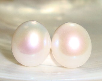 2 pcs, 10-11x9-9.5mm, AAAA Freshwater Pearl, Fresh Water Half Drilled Pearl, Chubby Drop Briolette, Lustrous Gorgeous Creamy White Pearls