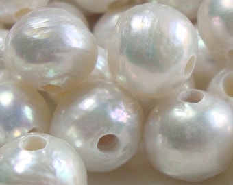 6 pcs, 10-11mm, 2.0mm hole, Kasumi Like Creamy White Iridescent Nucleated Bead Fresh Water Baroque Round Pearls, Large hole pearl,K1