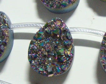 Titanium Druzy Drusy Teardrop Pendant Bead, Multi Peacock, Sparkles, Teardrop Pendant Bead, 16x12.5mm, 1/2 strand