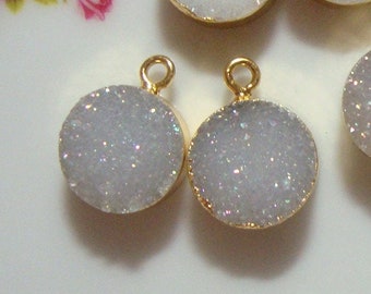 1 pair, 16mm Opal Aura Pearl Like Gold Electroplated Off White Druzy Drusy Pendant Earrings Finding, Sparkles, OAR16