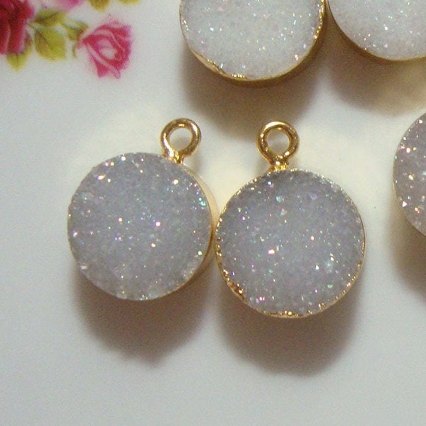 1 pair, 16mm Opal Aura Pearl Like Gold Electroplated Off White Druzy Drusy Pendant Earrings Finding, Sparkles, OAR16