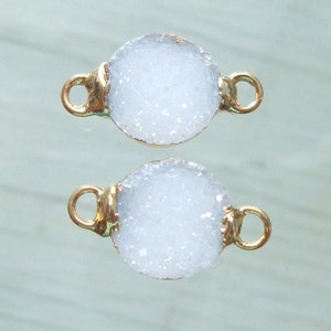 1 pair, 10-11mm Natural White Agate Crystal Drusy Druzy 24K Gold Electroplated Round Pendant Connector, Earrings Findings, 1011G