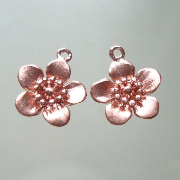 2 pcs, 10x12mm, Cherry Blossom Flower Charm, Rose Gold plate 925 Sterling Silver Lovely 3D Sakura Flower Charm, PC-0023