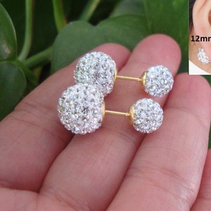 Double Sided Reversible 18K Gold Sterling Silver Crystal Ball Ear stud, Front to Back Earring, Chic Modern, Sparkles, Birthday Gift, EP-0136