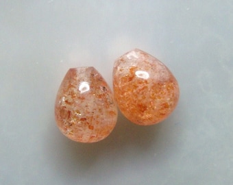 1 pair, 8x9mm, AA+ Sunstone Small Smooth Teardrop Briolette, Half Drilled, Top Drilled, Designer Pieces, Hooplet Dangles, GS-0016