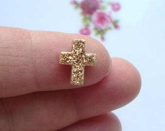 Druzy Drusy Cross Pendant Finding, 24K Real Gold Titanium, Drilled on Top Tiny Cross, Small Cross, Mini Cross