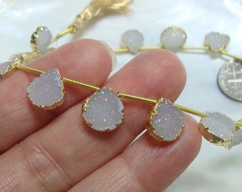 Full Strand, 10 pcs, Natural White Druzy Drusy Gold Electroplated Heart Connector Link Pendants, 30% sale, GS-0011