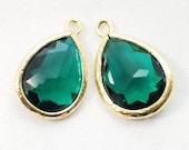 2 pcs, 16x11mm, Emerald Green Teardrop Pendant Charm Dangle, Gold Rim - PC-0232