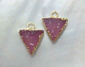2 pcs, Natural Agate Tinted Red Druzy Drusy Crystal 24K Gold Electroplated Edge Tiny Small Triangle Pendant Earring Pair, MR, 25% sale