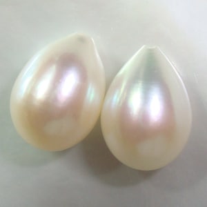 May include: Two pearlescent white teardrop-shaped pearls.