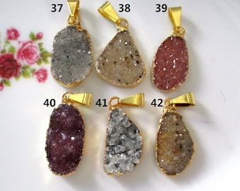 Natural Medium to Dark Agate Drusy Druzy Freeform Bail Gold Edged, Gold Electroplated Pendant, PC-0530