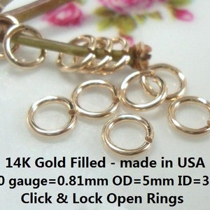 bulk 10-50 pcs, 5mm, 20ga gauge, locking ring, 14k GOLD Filled Click and Lock Jump Rings, Open locking Jumprings, strong jump ring