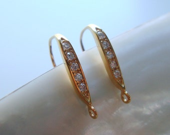 2 pcs, 17x10mm, 18K Gold 925 Sterling Silver French Ear wire with CZ, Earring Findings, EW-0033