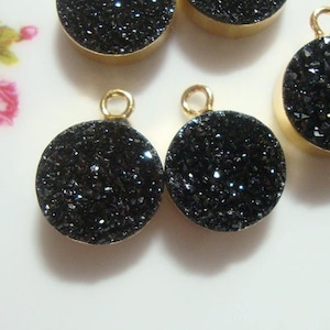 One pair, 10mm, Titanium Black Natural Drusy Druzy 24K Gold Electroplated Round Pendant Earrings Findings, R10