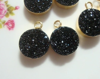 One pair, 10mm, Titanium Black Natural Drusy Druzy 24K Gold Electroplated Round Pendant Earrings Findings, R10