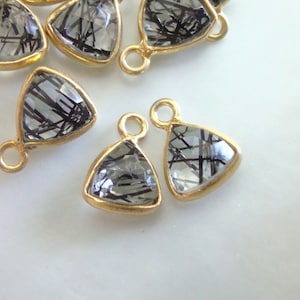 2 pcs, 7mm Trillion Triangle, Handmade black rutilated quartz Gold Vermeil Sterling Silver Bezel Rim Pendant Charm, PC-0403