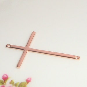 Handmade Skinny Sideways Cross Connector, Rose Gold plated Sterling Silver, 1 pc, 28x17mm