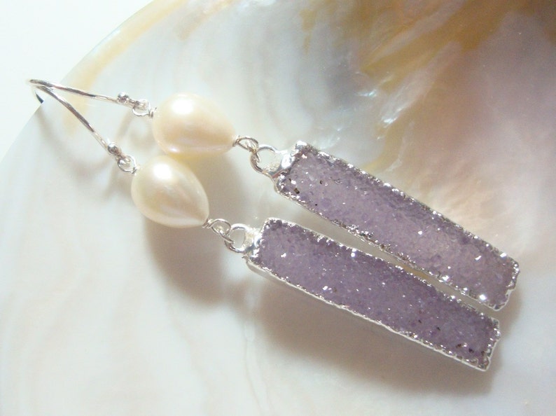 40x8mm Earring Pair 25/% sale s840 Natural White Agate Druzy Drusy Crystal Silver Edged Electroplated Bar Pendants