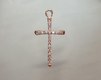 1 pc, 21x11mm, Rose Gold Plate 925 Sterling Silver Diamond CZ Skinny Cross Pendant Charm, PC-0165