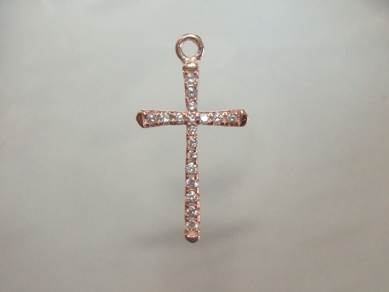 PC-0165 21x11mm 1 pc Rose Gold Plate 925 Sterling Silver Diamond CZ Skinny Cross Pendant Charm