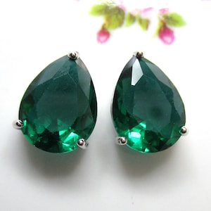 2 pc, 12x9mm, Emerald Green Teardrop Faceted Glass Pendant Charm Dangle Connector, Prong Set Crystal Glass, Silver Rim, PC-0241