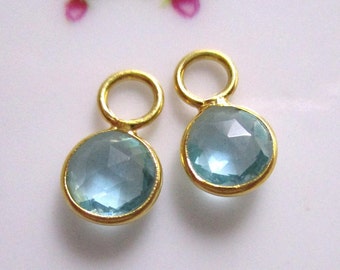 2 pcs, 6mm Round Faceted Gold Aqua Blue Quartz Bezel Rim Charm With 5mm Closed Ring, Hooplet,  GS-0442-AQ