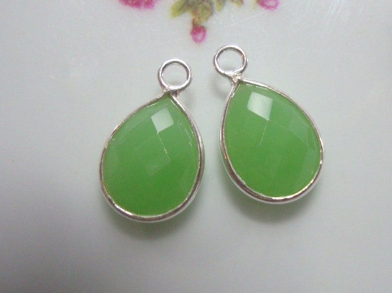 Tear Drop Green Chalcedony Sterling Silver Bezel Charm Pendant finding 16x10mm GC 2 pcs