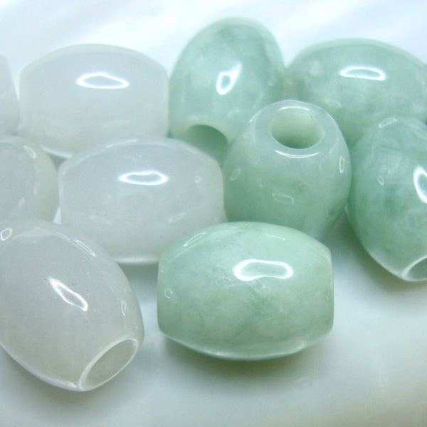 2 pcs, LuluTong 路路通 Grade A Burma Jadeite-Jade Fei Cui Smooth Light Green Light Lavender Lucky Drum Barrel Bead, 10x13mm,3.5mm Hole, GS-0339