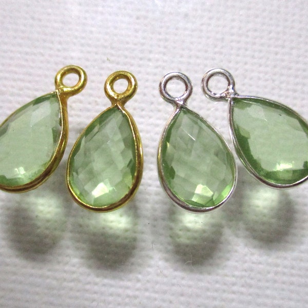 2 pcs, 6x9mm, Green Amethyst Quartz Vermeil or Sterling Silver Bezel Rim Pear Drop Finding, GS-0104-GA