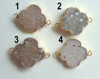 Natural Druzy Drusy Clover 24K Gold Electroplated Connector Link, Double Bail,28x20mm, You choose