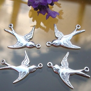 8 pcs, 4 left, 4 right, 925 Sterling Silver Oxidized Happy Sparrow, Swallow Connector with 2 loops, Connectors, POX3
