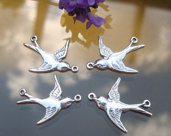 8 pcs, 4 left, 4 right, 925 Sterling Silver Oxidized Happy Sparrow, Swallow Connector with 2 loops, Connectors, POX3